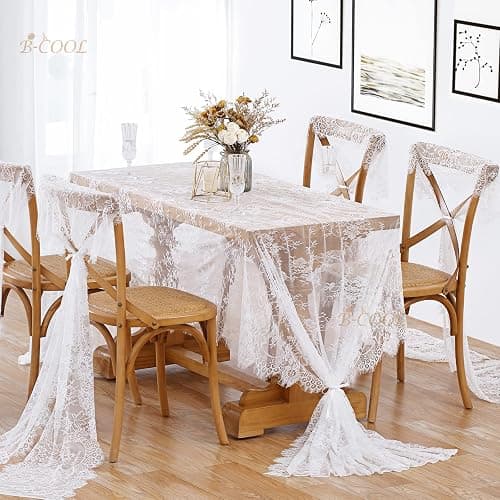 B-COOL White Lace Tablecloth 5 Pack 60 x 120 Inch Wedding Table Cloth Rustic Table Overlay Sheer Table Cloths for Vintage Party Thanksgiving Floral Fall Table Decoration thumbnail 3