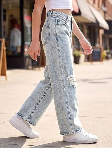 IBTOM CASTLE Girls Baggy Jeans Wide Leg Denim Pants Y2K Jean for Kids 7-12Y | Cute Bow, Star Ripped Distressed, Y2K Trendy Pant, High Waist Elastic Back, Multi-Pockets Jean for Back to School Casual Wear thumbnail 3