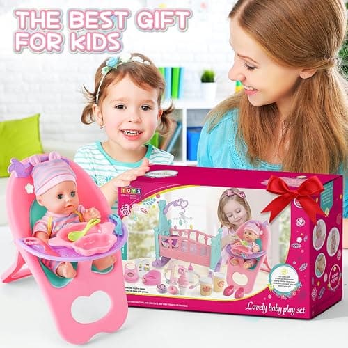 deAO 12” Baby Doll Play Set with Crib, Mobile, High Chair Feeding Accessories, Interactive Dolls for Girls Kids Pretend Play Baby Dolls 21 PCS thumbnail 9