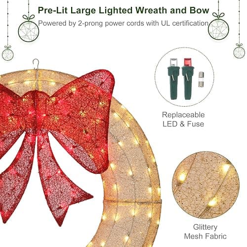 Lighted Christmas Wreaths, 48’’ Handmade Classic Christmas Wreaths with 50 Red and 120 Warm White LED Lights for The Outdoor Christmas Decoration-Golden - Golden thumbnail 4