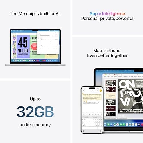 Apple 2026 MacBook Air 13-inch Laptop with M5 chip: Built for AI, 13.6-inch Liquid Retina Display, 16GB Unified Memory, 512GB SSD, 12MP Center Stage Camera, Touch ID, Wi-Fi 7; Midnight thumbnail 8