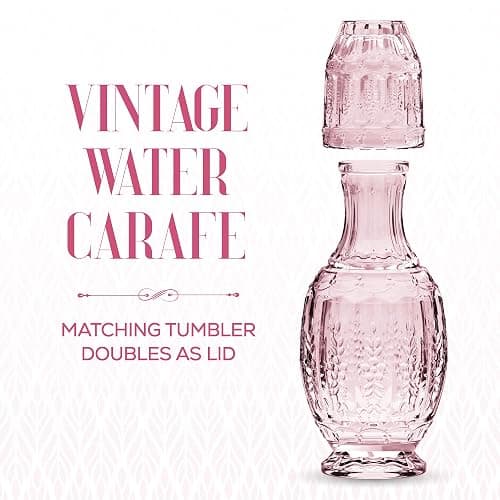 Elle Décor Vintage Bedside Water Carafe With Tumbler – Elegant Pitcher and Matching Drinking Glass Doubles As Lid For Guest Room, Office-Makes A Gift, 4.7x10.4, Pink thumbnail 4