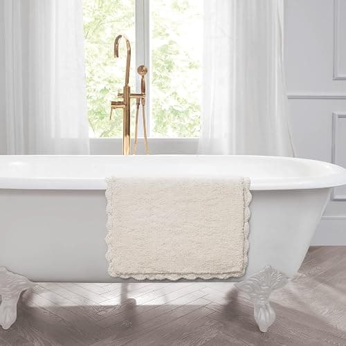 Laura Ashley Heathered Crochet Border 100% Cotton 20" x 32" Skid-Resistant Bath Rug, Ivory thumbnail 6