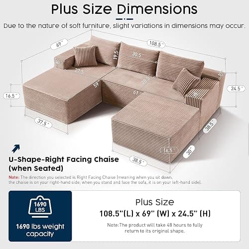 No Assembly Cloud Modular Sectional Sofa，108" U-Shape Corner Couch with Ottoman - Plush Corduroy, Deep Seating, Right Chaise (Camel) | Modern Minimalist Living Room Furniture thumbnail 2