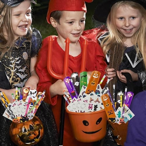 WOONOO 24 Pack Halloween Goodie Bag Stuffers Stationery Set, Assorted Halloween Party Favors for Kids Toys Bulk Non Candy Halloween Treats Pencils, Eraser, Slap Bracelets thumbnail 6