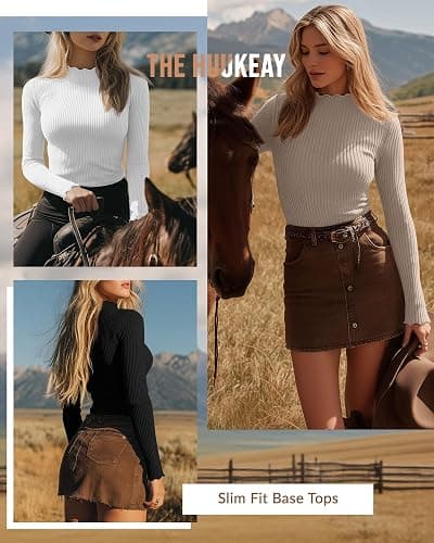 Huukeay 3 Pack Women's Ribbed Mock Turtleneck Shirts Cotton Long Sleeve Tops Lettuce Trim Slim Fit Soft Tees for Layering thumbnail 3