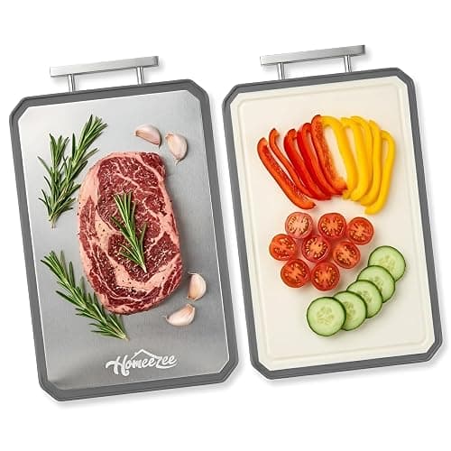 HOMEEZEE Double Sided Cutting Boards for Kitchen, Stainless Steel Cutting Board for Meat, Wheat Straw PP Large Chopping Board for Vegetables, Easy to Clean, Juice Grooves, 16"L * 11"W - Image 1