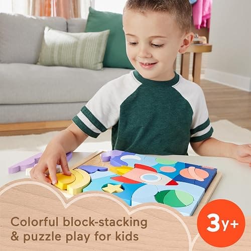 Fisher-Price Wood Preschool Toy Space Blocks Jigsaw Puzzle, 42 Wooden Pieces for Stacking & Sorting Play Kids Ages 3+ Years thumbnail 2