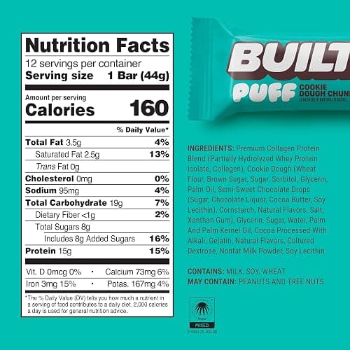 Built Bar, Puff Protein Bars, Cookie Dough Chunk Puff, 15g Protein Snacks, On-The-Go Bars, Only 160 Calories, 8g Sugar, Collagen, Not Gluten Free, 12 Count thumbnail 2