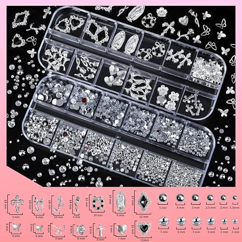Teenitor Silver Nail Charms and Gems Kit, 4 Boxes Nail Gems Silver Rhinestones for Nails, 3D Y2K Accessories Nail Decor, Cross Charms for Nails Design Star, Caviar Beads for Nails Art thumbnail 3