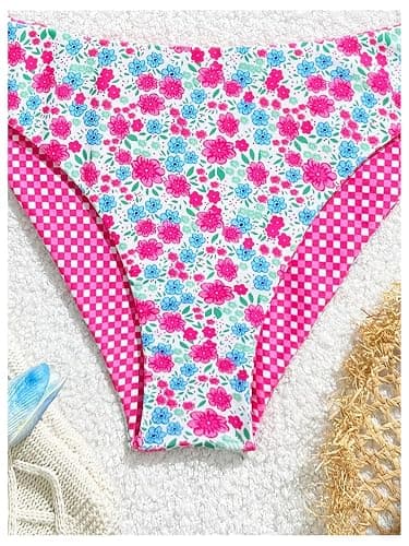 RoseSeek Girl's 2 Piece Swimsuits Floral Gingham Halter Triangle Wireless Bikini Bathing Suit thumbnail 5