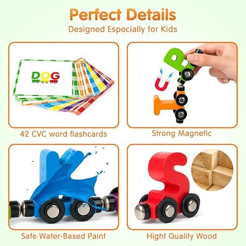 Vanmor 27 PCS Magnetic Wooden Alphabet Train Sets | ABC Letter Learning Toy Trains with 42 PCS Flash Cards, 1 Engine, 1 Storage Bag | Toddlers Kids Boys Girls Educational Toys for 3 4 5 6 7 Years Old thumbnail 7