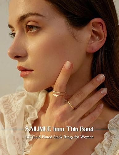 sailimue Gold Stackable Rings for Women Non Tarnish - 14K Gold Plated Waterproof Thin Band Ring Set - 1mm Minimalist Stainless Steel Silver Stacking Dainty Trendy Statement Thumb Rings Size 5-11 thumbnail 2