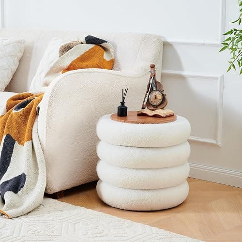 Wimarsbon Round Storage Ottoman, Modern Sherpa Footstool, Teddy Vanity Stool with Flip-Top Tray, Makeup Chair for Home Decor, Upholstered Footrest for Living Room & Bedroom (White) thumbnail 8