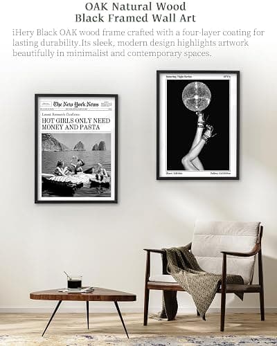 iHery 12x16in Natural Black OAK Wood Trendy Newspaper Framed Wall Art, Modern Hot Girls Only Need Money And Pasta Canvas Wall Decor For Girly Dorm Bedroom Living Room 1Pack thumbnail 4