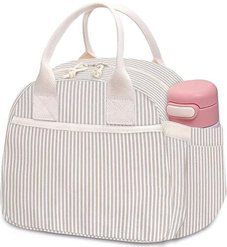 Carry bloom Lunch Box for Women, Insulated Lunch Bag Cute Corduroy Lunchbag | Reusable Lunchbox for Work (1 brown white stripes) - Image 1