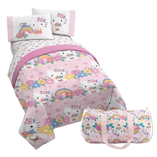 Jay Franco Hello Kitty Twin Size Comforter Set - 4 Piece Floral Bedding Includes Sheet Set, Pillow Covers & Bonus Duffle Bag - Super Soft Bedding - Image 1