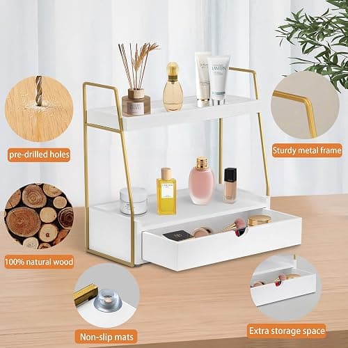2-Tier Bathroom Organizer Countertop with Drawer, Wood Counter Organizer for Bathroom Decor, Sink Shelf for Vanity Storage, Makeup Tray for Perfume Skincare, Spice Rack Bedroom Kitchen Corner thumbnail 6