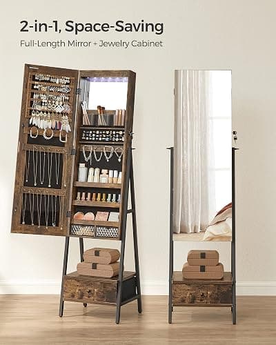 SONGMICS LED Cabinet Standing, Lockable Jewelry Armoire with Full-Length Mirror, Space-Saving Jewelry Organizer with Mirror, Bottom Drawer, Gift Idea, Christmas Gifts, Rustic Brown UJJC025X01 thumbnail 4