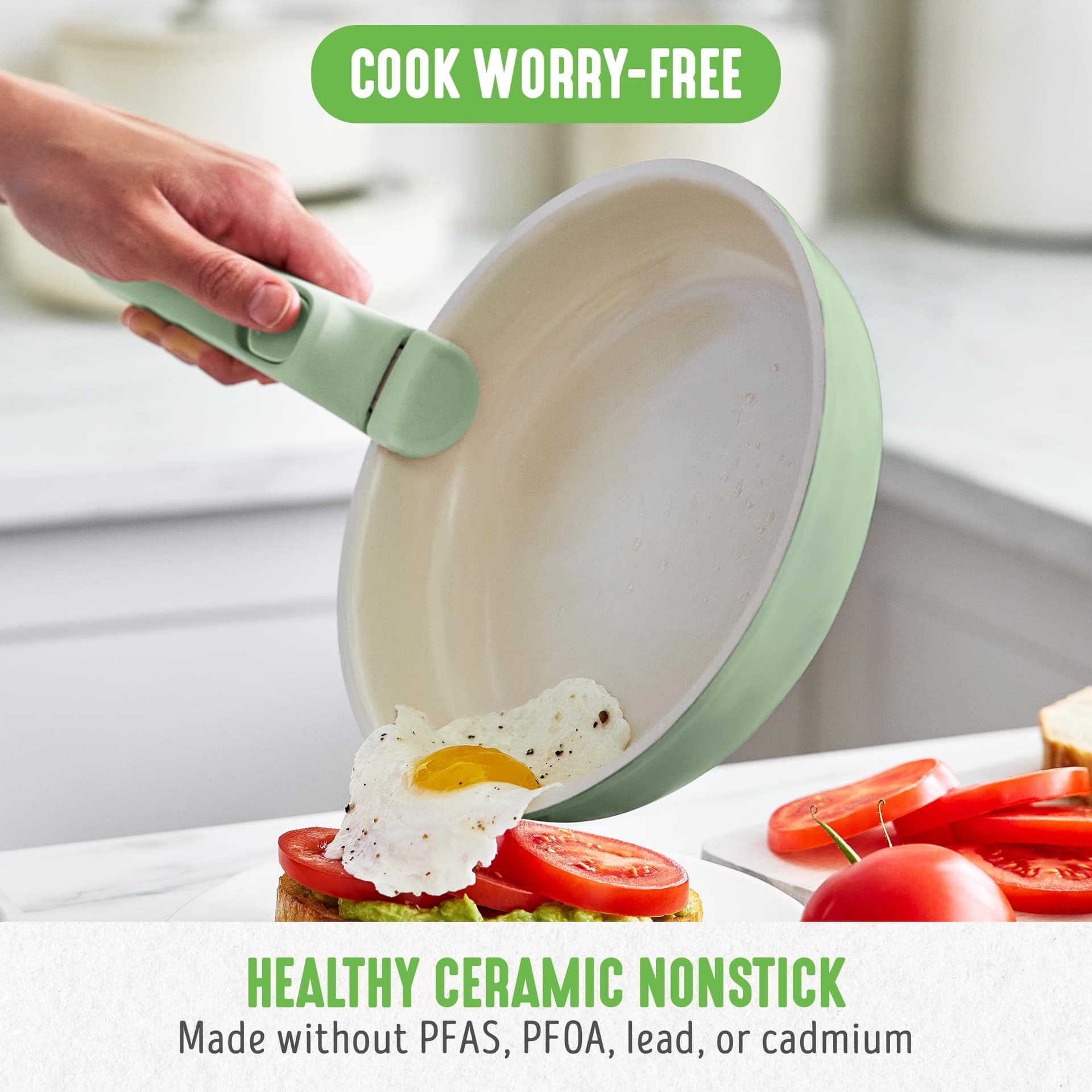 GreenLife Click 10-Piece Ceramic Nonstick Cookware Set, Detachable Handle, Stackable Space Saving Kitchen Essential, Non Toxic PFAS-Free Pots & Pans, Induction & Oven Safe, Glass Lid, Sage Green thumbnail 2