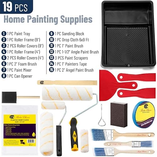 Bates- Paint Roller Kit, 19 pcs, Roller Set with Microfiber Sleeves & Frame, Tray, Angled Brush & Foam Brush, Paint Scrapers and More for Walls, Cabinets, Interior, Exterior, House Painting Supplies thumbnail 2