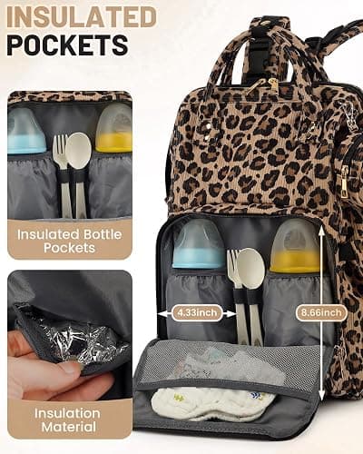 fufazfo Corduroy Diaper Bag Backpack, Large Capacity Multifunction Baby Diaper Bags for Women, Insulated Bottle Pockets & Pacifier Case, Stylish Travel Nappy Changing Bags for Mom Dad (Leopard Brown) thumbnail 3