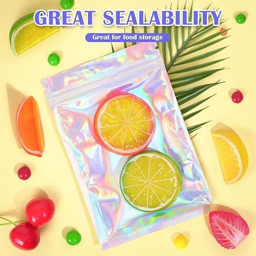 Jetmore 100 Pcs Resealable Mylar Bags, Smell Proof Goodie Bags with Clear Window, Small Holographic Bags for Halloween, Gift, Candy, Bracelet, Keychain, Treat, Product, Sealable Plastic Bags thumbnail 3