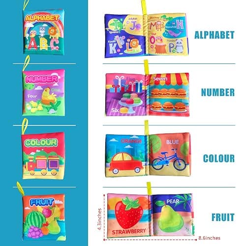 AMINFUN Soft Cloth Baby Book Toy 0-6 Months, Baby Learning Book(ABC-Z,1-10,Colour,Fruit,4 Pack),Touch and Feel Crinkle Book Infants 6-18 Months,Early Educational Toy 0-3, Gift for Babies Infants thumbnail 3