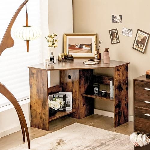 Tangkula Corner Desk, 90 Degrees Triangle Computer Desk for Small Space, Bedroom Makeup Vanity Desk with Storage Shelves & CPU Stand, Space Saving thumbnail 4
