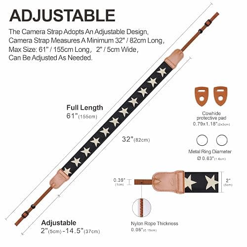 Padwa Lifestyle Pentagram Embroidered Camera Strap - Double Layer Cowhide Ends,2" Cotton Woven Camera Straps, Adjustable Vintage Neck & Shoulder Strap for All DSLR Cameras,Great Gift for Photographers thumbnail 4