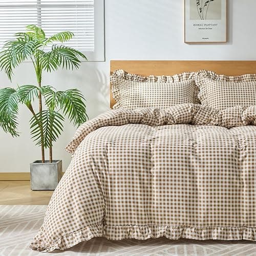 kisswish Gingham Duvet Cover Queen Size, 3 Pieces Soft Breathable Microfiber Plaid Comforter Cover with Zipper Closure & 2 Pillow Shams, Ruffle Farmhouse Vintage Decor, Taupe - Image 1