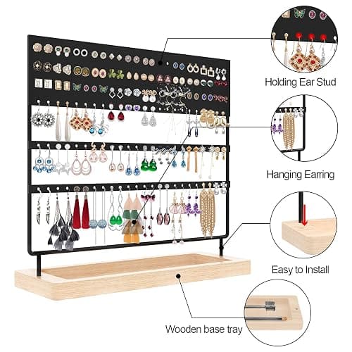 ZHAOGMQH Earrings Organizer Holder,Jewelry Holder Stand Organizer for selling,3-Tier Earring Stand Display 144 Holes with Wooden Tray for Earrings,Ear Stud and Rings,Gifts for Women Girls(Black) thumbnail 4