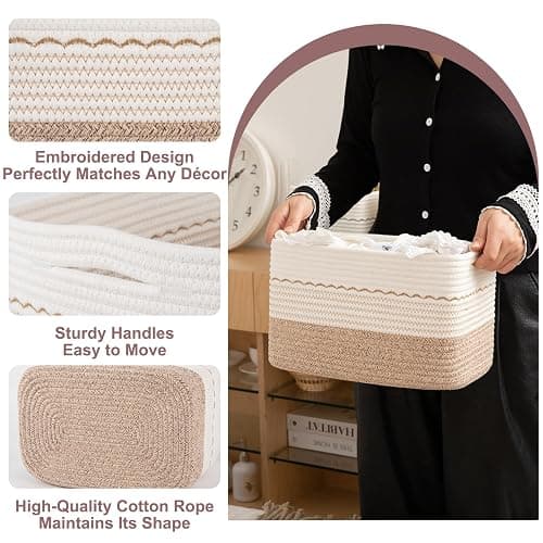 OIASKET 4 Pack Storage Baskets for Organizing, 13"X9"X7.87", Decorative Cotton Rope Baskets for Shelves, Small Woven Basket for Toys, Books and Towels, Brown & White thumbnail 8