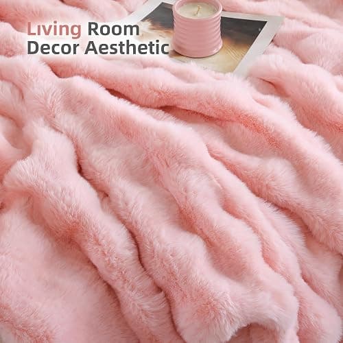 Smoofy Faux Fur Throw Blanket for Couch – Blush Pink Fluffy Cozy Rabbit Fleece, Plush Soft Bubble Blanket for Sofa & Bed, for Mom, Warm Fuzzy Home Room Decor Throw 50" x 60" thumbnail 6