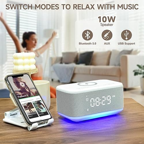 Fansbe Tech Alarm Clock Speaker Wireless Charger, Digital Alarm Clocks Bedrooms Bluetooth, Alarm Clock Dimmable Light Bedrooms Dual Alarm Snooze Dimmer 12 24H RGB Night Light Bluetooth USB AUX, Gray - Gray thumbnail 6