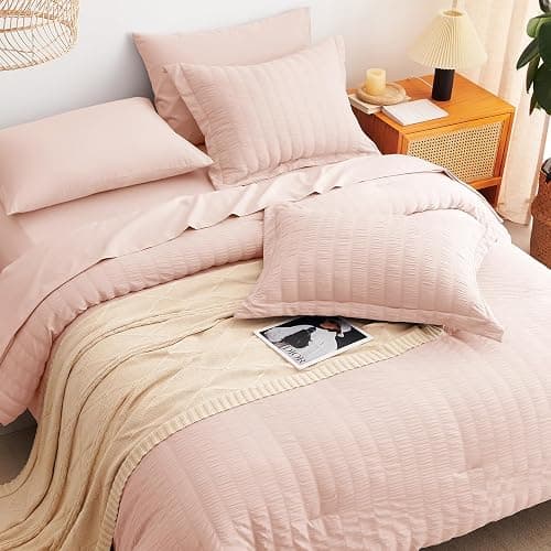 CozyLux King Size Comforter Set Blush Pink Seersucker 7 Pieces Bed in a Bag King Comforter Set with Sheets, Luxury Bedding Set with Down Alternative Comforter, Sheets, Pillowcases & Shams All Seasons thumbnail 4