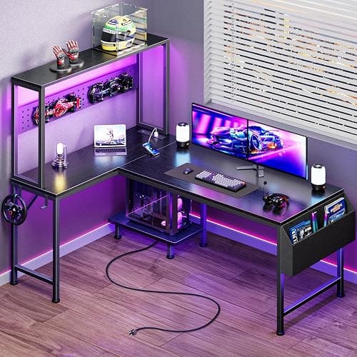 PRAISUN L Shaped Gaming Desk with LED Lights & Power Outlets | Reversible Computer Desk with Storage Shelves & Bag, Large Corner Home Office Desk with Pegboard for Work from Home, Black - Image 1