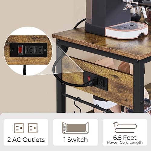 Yaheetech Kitchen Island Cart with Power Outlet, Kitchen Carts on Wheels with Storage, 3-Tier Microwave Stand with Foodpads, Glass and Mug Holders, 8 Hooks, Rustic Brown thumbnail 4