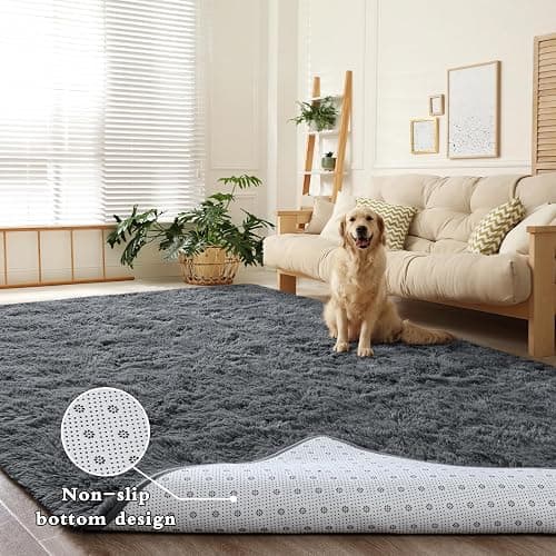 DweIke Fluffy Dark Grey 4x6 Area Rugs for Bedroom Living Room, Soft Plush Shaggy Deep Gray Girls Boys Kids Rug, Non-Slip and Machine Washable Carpet for Dorm Nursery Classroom Decor - 4' x 6' (Rectangular) - Dark Grey thumbnail 7