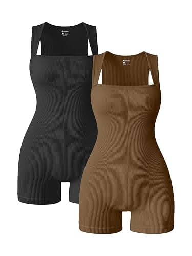 OQQ Women 2 Piece Rompers Yoga Stretch Strappy Square Neck Sleeveless Exercise Rompers - Black,coffee - Small - Image 1