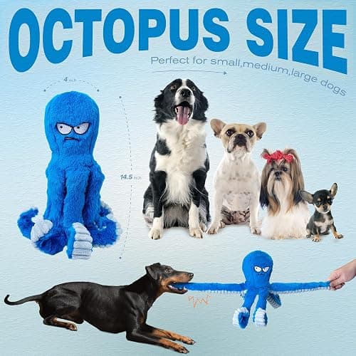 LEGEND SANDY Tough Dog Toys, Stuffed Chew Large Dog Toys to Keep Them Busy, Interactive Squeaky Tug of War Doggie Toy, Crinkle Blue Octopus thumbnail 5