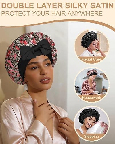 AWAYTR Double Layer Satin Bonnet for Women, Reversible Sleep Hair Wrap | Soft Satin Sleep Cap for Curly Hair, Anti-Frizz & Moisture Retention, Secure Elastic Tie Band for Daily Night Care thumbnail 7