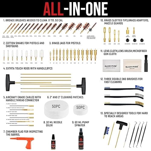 GLORYFIRE Gun Cleaning Kit Handgun Shotgun Pistol Cleaning Kit for All Guns with High-end Brass Brushes, Mops, Jags, Reinforced, Lengthened Rods and Gun Cleaning Snake&Ropes thumbnail 2