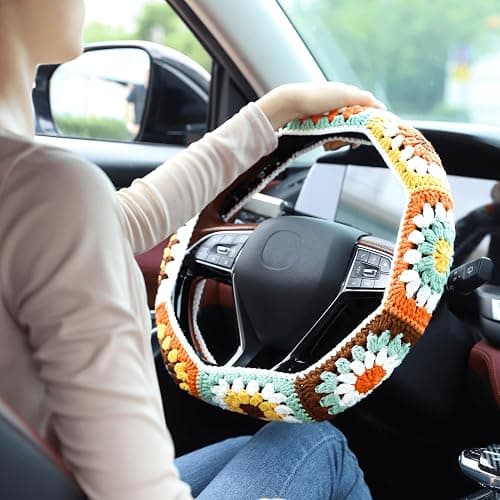 Crochet Steering Wheel Cover Set,Cute Steering Wheel Cover Boho 14-15 in,Handmade Sunflower Granny Square Decor for Women,Hippie Car Accessories (A Wheel Cover) thumbnail 3