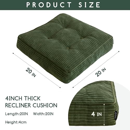 HIGOGOGO Tufted Corduroy Recliner Seat Cushion for Elderly, High Density Foam Large Square Seat Cushion for Recliner Chair, Floor Pillow, Office Chair, Car, No Pressure on Thighs, 20x20x4 thumbnail 3