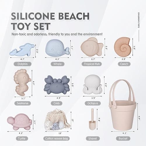 MarcZero 11Pcs Silicone Beach Toys,Modern Baby Beach Toys,Travel Friendly Beach Set,Silicone Bucket, Shovel, 8 Sand Molds, Beach Bag,Silicone Sand Toys for Toddlers, Kids (Begie) - Begie thumbnail 3