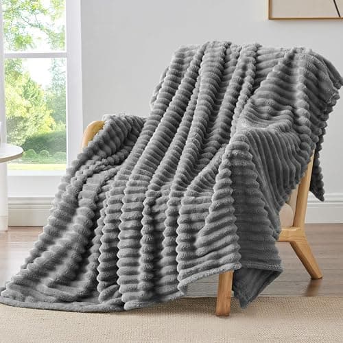 BEDELITE Fleece Throw Blanket for Couch - 300GSM Soft & Warm Fluffy Grey Blanket, Decorative and Giftable Striped Blankets for Women, Men, 50"x60" - Image 1