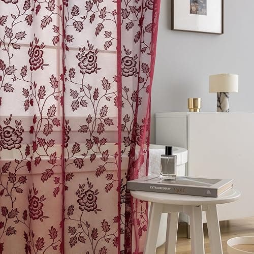 Burgundy Floral Lace Shower Curtain with Valance, 72 x 72 Inch, 1 Panel | Victorian Romance, French Country Charm, Shabby Chic Accent, Soft Light Diffusion, Rich Bath Decor, Subtle Privacy thumbnail 7