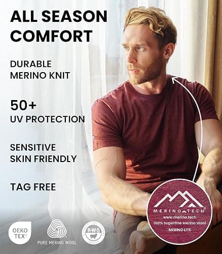 Merino Wool T-Shirt Mens - Merino Wool Undershirt Thermal Shirt for Men and Hiking Socks thumbnail 4