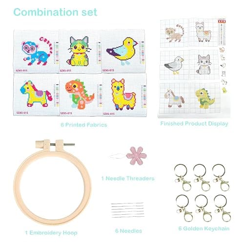 57lilina Easy Embroidery Kit for Kids Beginners, 6 Set Cute Stamped Pattern | Pre Printed Cross Stitch Kits for Kids, DIY Needlepoint Sewing Craft for Backpack Charms, Keychains & Girls Gifts thumbnail 4